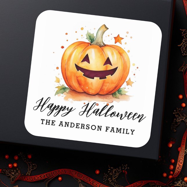 Pegatina Cuadrada Cuta acuarela Jack-o-lantern Feliz Halloween (Cute watercolor Jack-o-lantern Happy Halloween Square Sticker)