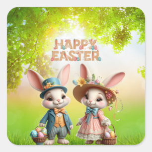Pegatina Cuadrada Cuta, caprichosa Pascua feliz con 2 conejos
