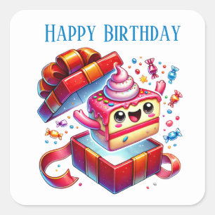 Pegatina Cuadrada Cuta Feliz Cumpleaños agregar texto