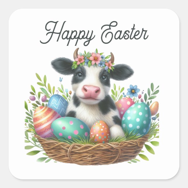 Pegatina Cuadrada Cuta Feliz Pascua agrega acuarela de texto (Anverso)