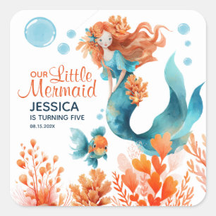 Pegatina Cuadrada Cuta sirena acuática marina Chica niños cumpleaños