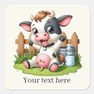 Pegatina Cuadrada Cuta vaca país añadir texto