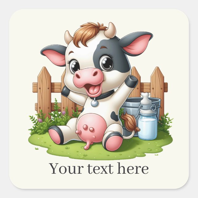 Pegatina Cuadrada Cuta vaca país añadir texto (Anverso)
