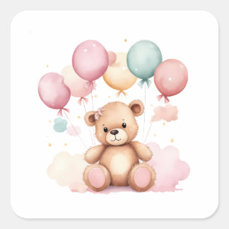 Pegatina Cuadrada Cute acuarela Baby Shower Balloons Teddy Bear