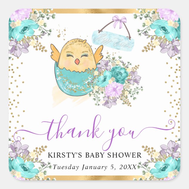 Pegatina Cuadrada Cute acuarela Floral Chick and Eggs Baby Shower (Anverso)