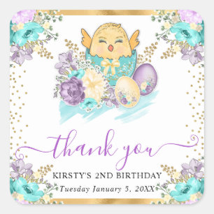 Pegatina Cuadrada Cute acuarela Floral Chick y Huevos Cumpleaños