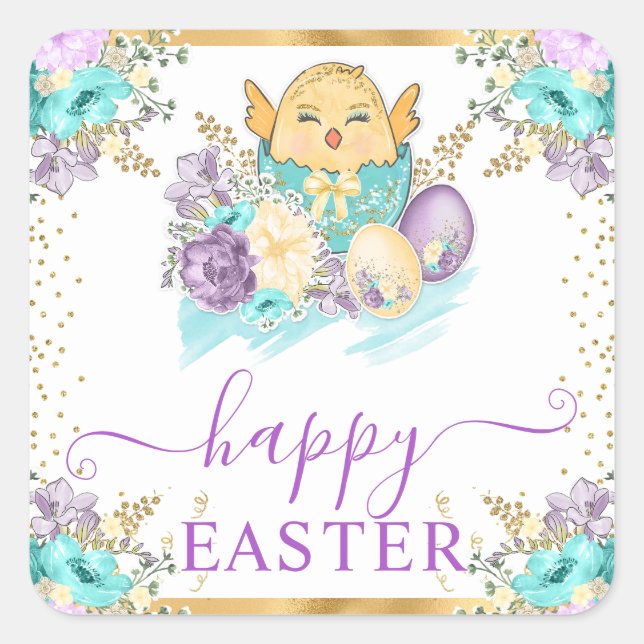 Pegatina Cuadrada Cute acuarela Floral Chick y Huevos Pascua (Anverso)