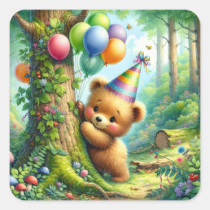 Pegatina Cuadrada Cute acuarela Personalizado Baby Bear Cub Cumpleañ