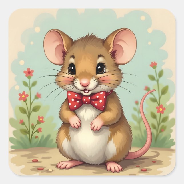 Pegatina Cuadrada Cute adorable little mouse with tie (Anverso)