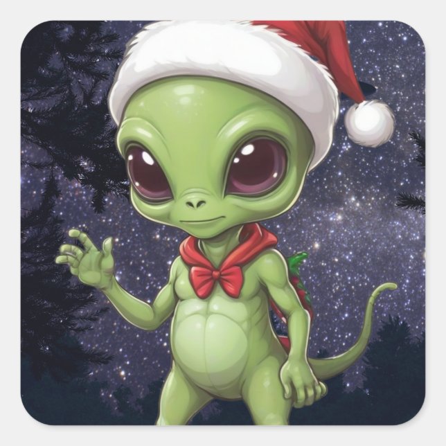 Pegatina Cuadrada Cute Alien Santa Claus (Anverso)