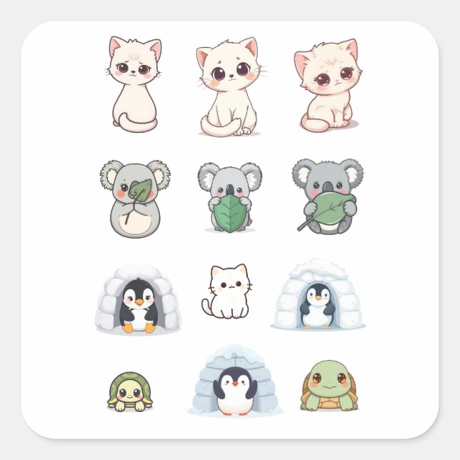 Pegatina Cuadrada Cute Animal & Igloo Sticker Kit – Cartoon Creature (Anverso)