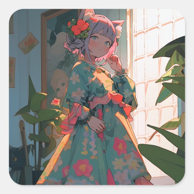 Pegatina Cuadrada Cute Anime Catgirl (Anverso)