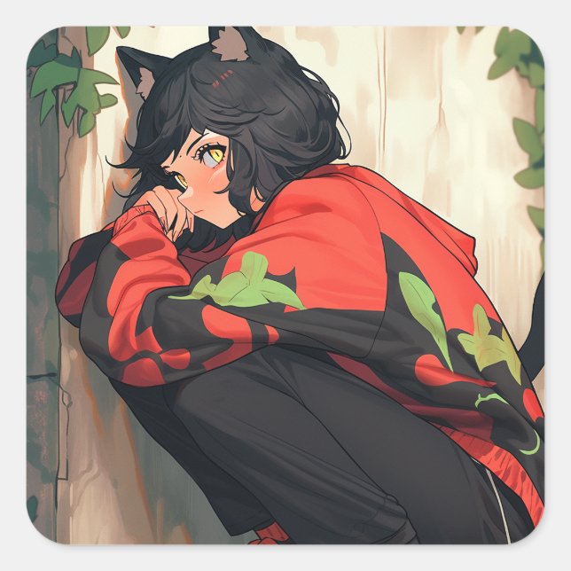 Pegatina Cuadrada Cute Anime Catgirl (Anverso)