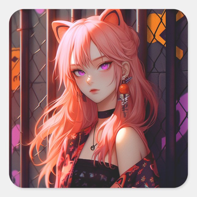 Pegatina Cuadrada Cute Anime Catgirl (Anverso)