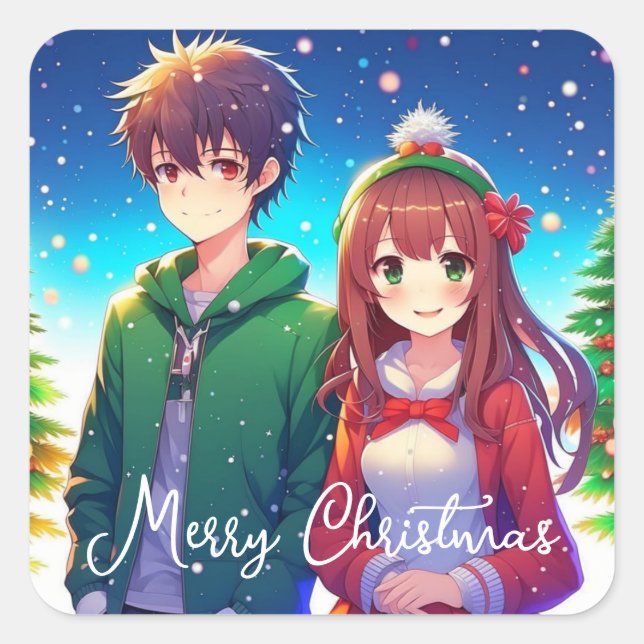 Pegatina Cuadrada Cute Anime Couple | Feliz Navidad (Anverso)
