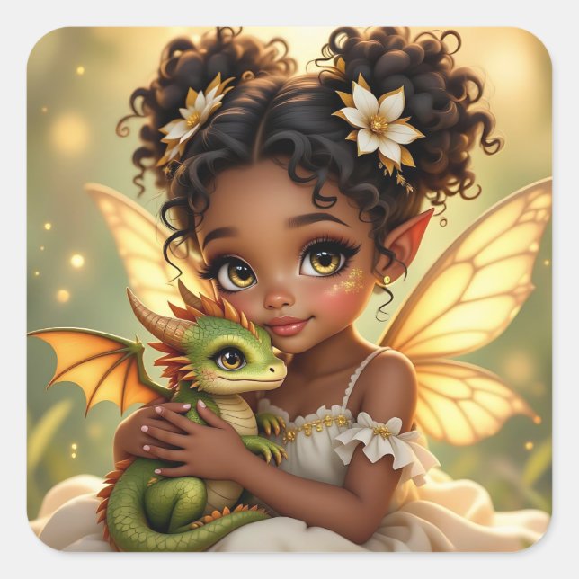 Pegatina Cuadrada Cute Anime Fairy Girl and Chibi Dragon (Anverso)