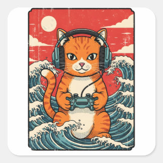 Pegatina Cuadrada Cute Anime Gamer Cat Japanese Gaming Retro