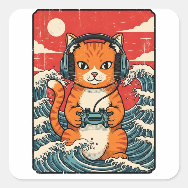 Pegatina Cuadrada Cute Anime Gamer Cat Japanese Gaming Retro (Anverso)