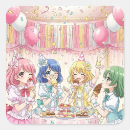 Pegatina Cuadrada Cute Anime Girl's Ice Cream Birthday Party  