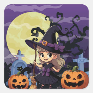 Pegatina Cuadrada Cute Anime Halloween Witch