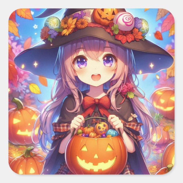 Pegatina Cuadrada Cute Anime Halloween Witch (Anverso)