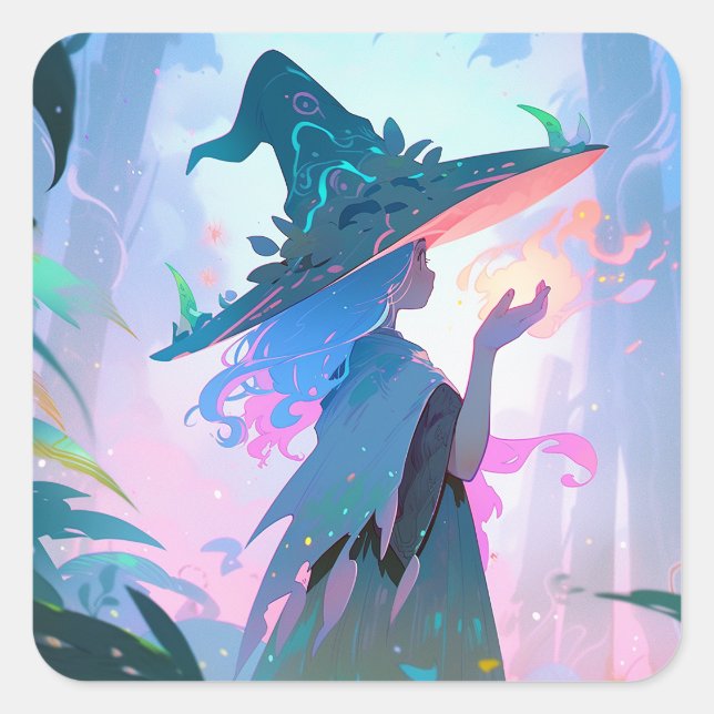 Pegatina Cuadrada Cute Anime Witch Chica Fantasy Art (Anverso)