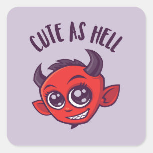 Pegatina Cuadrada Cute as Hell Devil con texto oscuro