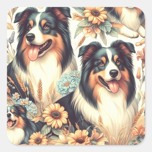 Pegatina Cuadrada Cute Australian Shepherd Vintage Painting (Anverso)