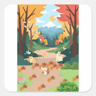 Pegatina Cuadrada Cute Autumn Forest Animals Cozy Landscape Art Post
