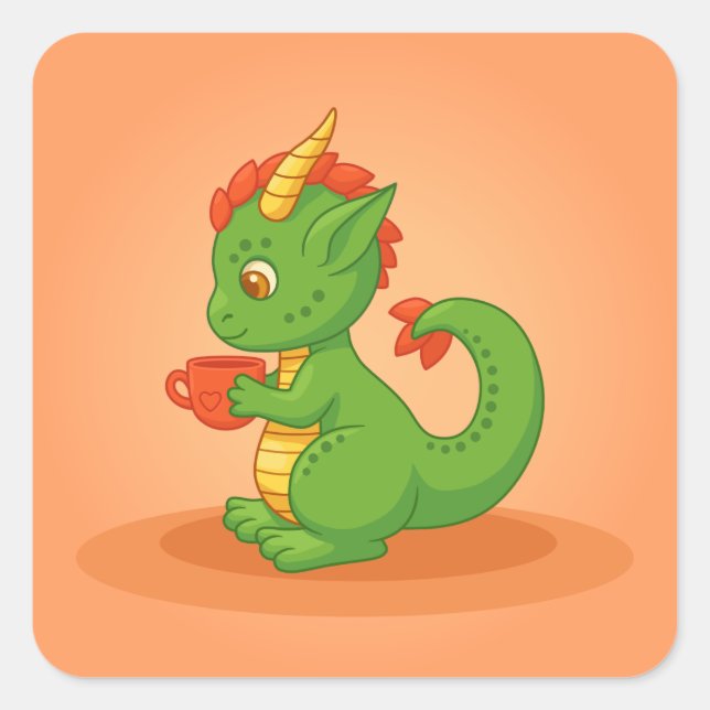 Pegatina Cuadrada Cute Baby Dragon Holding Cup on Orange (Anverso)