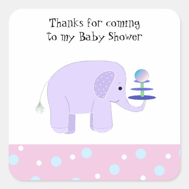 Pegatina Cuadrada Cute Baby Elephant Baby Shower (Anverso)