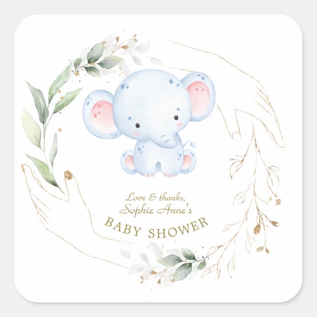 Pegatina Cuadrada Cute Baby Elephant Jungle Greeneration Baby Shower (Anverso)