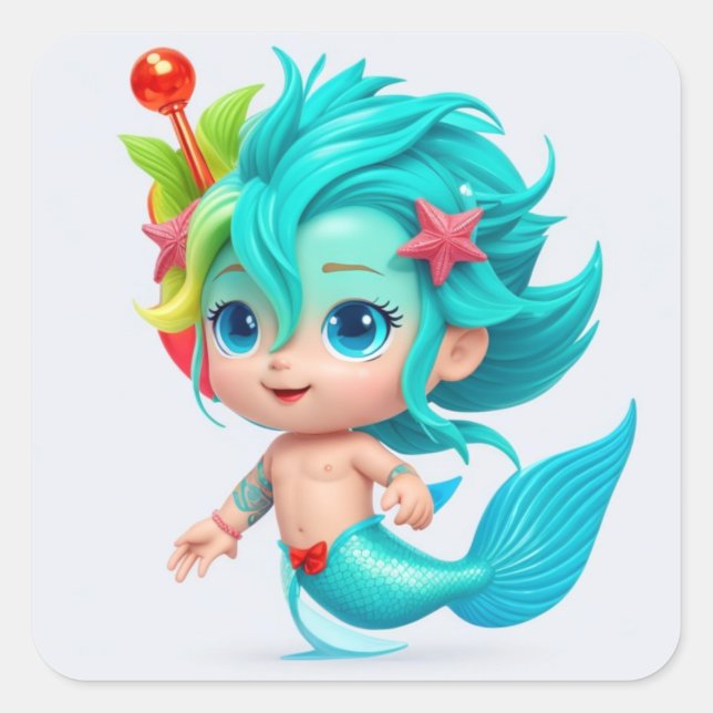 Pegatina Cuadrada Cute Baby Merman (Anverso)