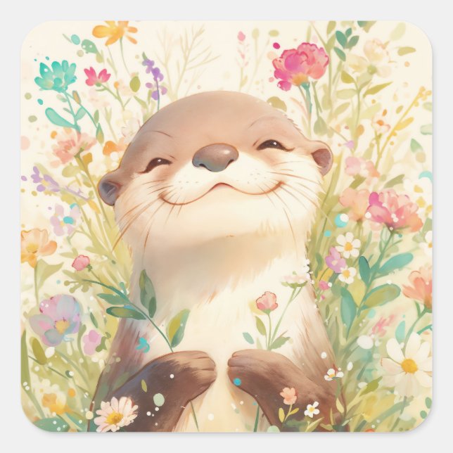 Pegatina Cuadrada Cute Baby Otter Smiling in Meadow Flowers (Anverso)