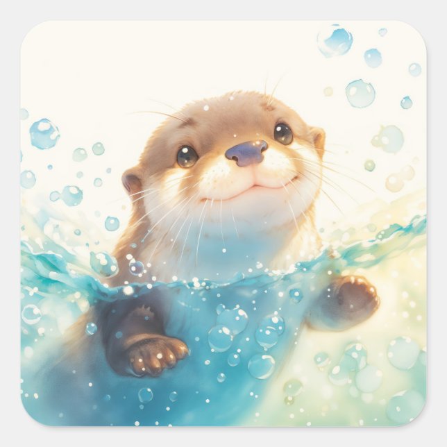 Pegatina Cuadrada Cute Baby Otter Splashing in Sparkling Blue Water (Anverso)