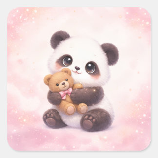 Pegatina Cuadrada Cute Baby Panda Hugging Teddy Bear Square Sticker