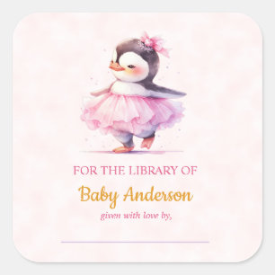Pegatina Cuadrada Cute Baby Penguin Ballerina Baby Shower Bookplate