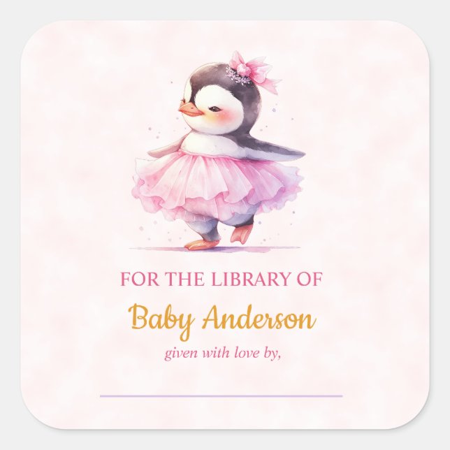 Pegatina Cuadrada Cute Baby Penguin Ballerina Baby Shower Bookplate (Anverso)