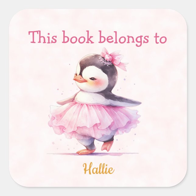 Pegatina Cuadrada Cute Baby Penguin Ballerina Bookplate (Anverso)