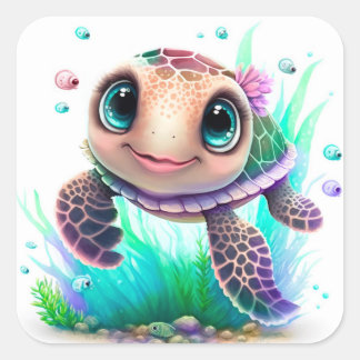 Pegatina Cuadrada Cute Baby Sea Turtle Illustration – Adorable Ocean