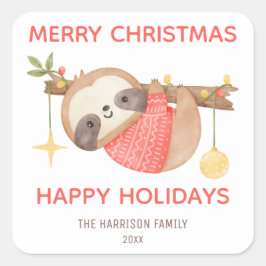 Pegatina Cuadrada Cute Baby Sloth Navidades Felices Fiestas