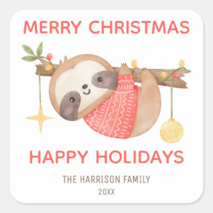 Pegatina Cuadrada Cute Baby Sloth Navidades Felices Fiestas