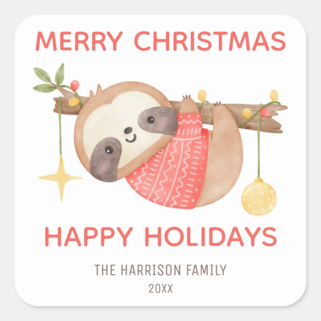 Pegatina Cuadrada Cute Baby Sloth Navidades Felices Fiestas (Anverso)