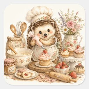 Pegatina Cuadrada Cute Baking Hedgehog Acuarela Cottagecore