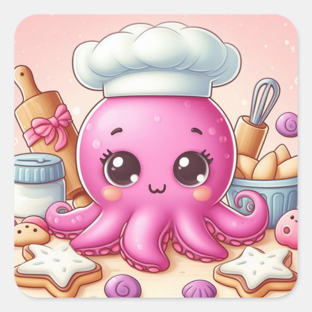 Pegatina Cuadrada Cute baking octopus square sticker (Anverso)