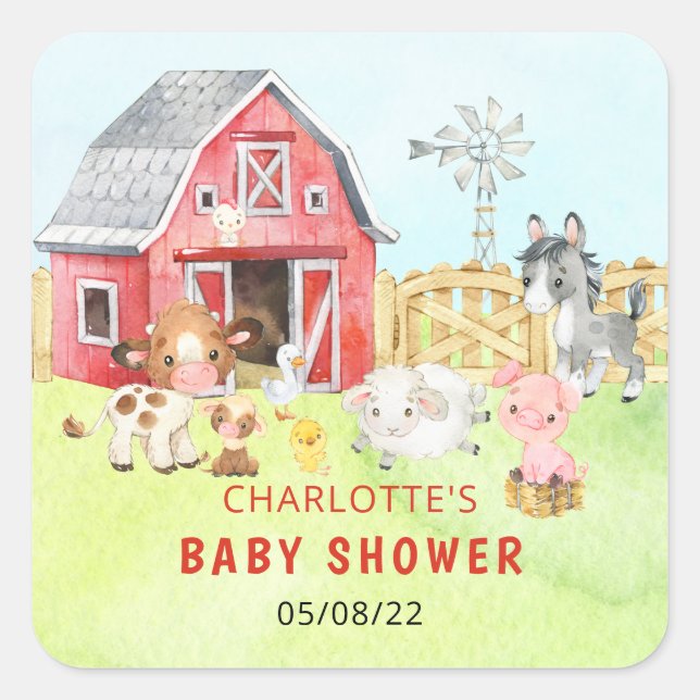 Pegatina Cuadrada Cute Barnyard Friends Baby Shower (Anverso)