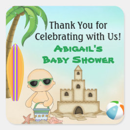 Pegatina Cuadrada Cute Beach Baby Sandcastle Baby Shower Gracias