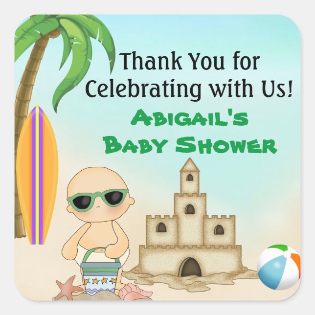 Pegatina Cuadrada Cute Beach Baby Sandcastle Baby Shower Gracias (Anverso)