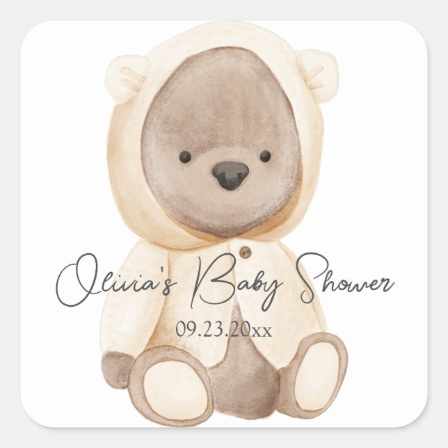 Pegatina Cuadrada Cute Bear Acuarela Regalo Personalizado para Baby  (Anverso)