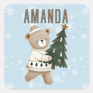Pegatina Cuadrada Cute Bear Árbol de Navidad Copos de Nieve Nombre d